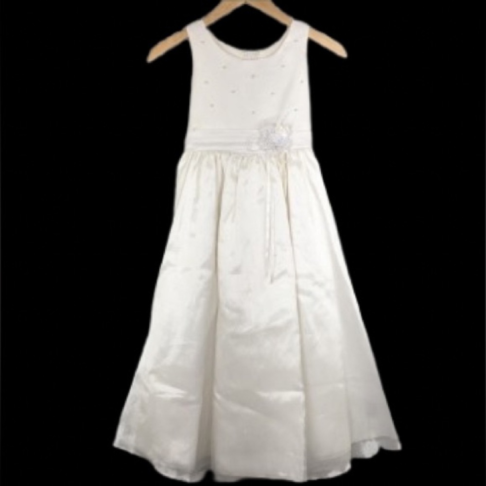 First Communion Dress White Sheer Satin Overlay Tank Pearl Flower Appliqué Sz 10